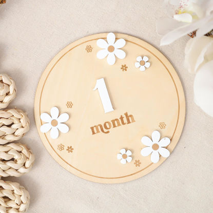 Picture of Wooden Boho Daisy Flower Milestone Cards - 1Month Milestone Card Decor,Baby Party Photo Prop，Full Moon Background Decoration Props.