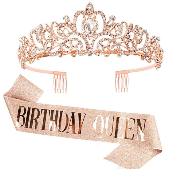 Picture of COCIDE Queen Sash & Rhinestone Tiara Set Rose Gold for Women Birthday Decoration Kit Rhinestone Headband for Girl Glitter Crystal Hair Accessories for Party