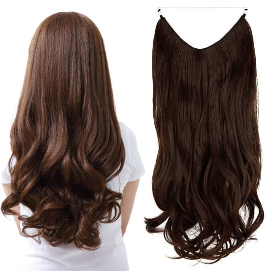 Picture of Hair Extensions, Invisible Secret Wire Hidden Hair Extensions One Piece Curly Wavy Hidden Hair Extension Synthetic Hairpieces for Women, 20 inch Medium Brown