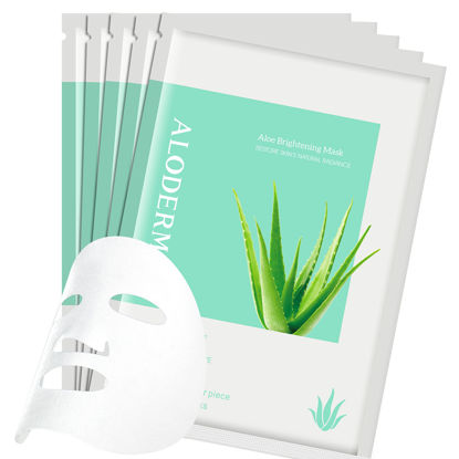 Picture of Aloderma Brightening Facial Sheet Mask Pack with 88% Organic Aloe Vera - 5 Sheet Masks for Face with Niacinamide and Licorice - Aloe Face Masks to Even Skin Tone, Home Spa Face Masks for Women and men