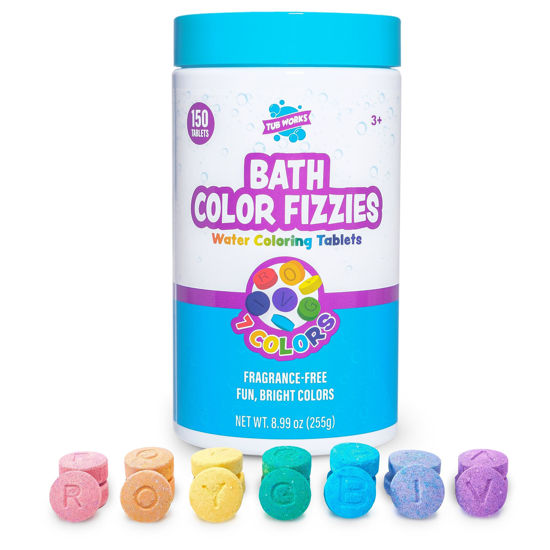 Picture of Tub Works™ Bath Color Fizzies, 150 Count | Nontoxic & Fragrance-Free | Fizzy, Bath Color Tablets for Kids | Create Fun Bath Colors | Water Tablets in 7 Colors for Variety | Bath Bombs for Kids Bath