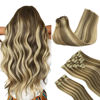 Picture of GOO GOO Clip-in Hair Extensions for Women, Soft & Natural, Handmade Real Human Hair Extensions, Medium Brown Highlighted Golden Blonde, Long, Straight P8A/22, 9pcs 150g 18inch