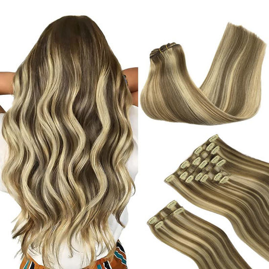 Picture of GOO GOO Clip-in Hair Extensions for Women, Soft & Natural, Handmade Real Human Hair Extensions, Medium Brown Highlighted Golden Blonde, Long, Straight P8A/22, 9pcs 150g 18inch