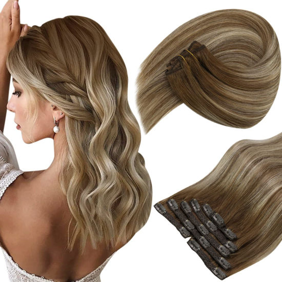 Picture of Sunny Clip in Hair Extensions Real Human Hair Blonde Brown Clip in Human Hair Extensions Medium Brown Ombre Platinum Blonde Balayage Remy Hair Clip in Extensions Straight Hair 24inch