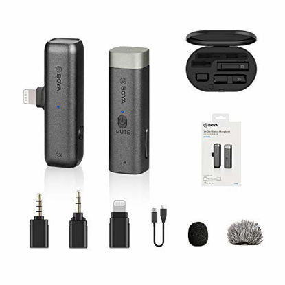 Picture of Plug&Play Microphone for iPhone, BOYA BY-WM3D 2.4GHz Wireless Microphone with MFI Certified iOS Adapter, 3.5mm TRS & TRRS Adapter & Charging Case Compatible with iPhone iOS Device, DSLR and Camcorder