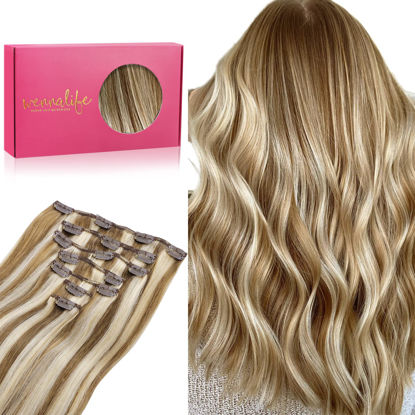 Picture of WENNALIFE Clip in Hair Extensions, 22 Inch 120g 7pcs Ash Brown Highlighted Golden Blonde Hair Extensions Clip in Human Hair Remy Clip in Hair Extensions Real Human Hair Double Weft