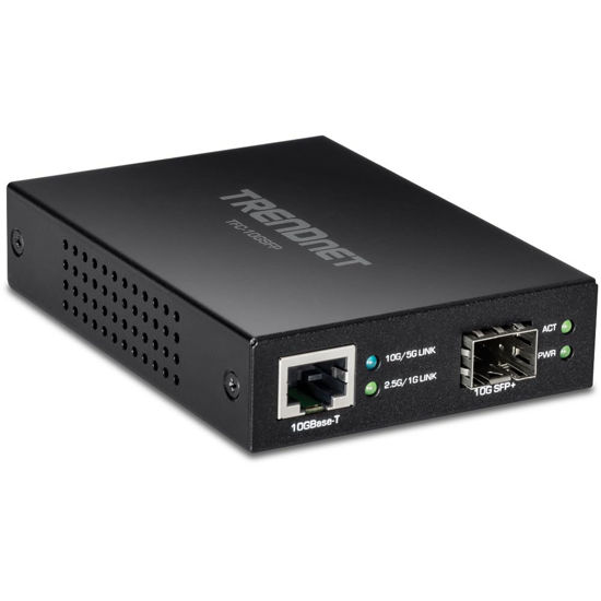 Picture of TRENDnet 10GBASE-T to SFP+ Fiber Media Converter, TFC-10GSFP, 1 x 10G RJ-45 Port, 1 x 10Gbps SFP+ Slot, SFP+ to 10G RJ-45, Power Adapter Included