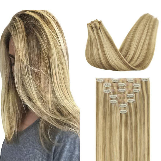 Picture of GOO GOO Seamless Clip in Hair Extensions with Invisible PU Skin Weft, 100% Real Human Hair, 110g 7pcs Light Blonde Highlighted Golden Blonde Hair Extensions, Long Hair for Women, 20inch