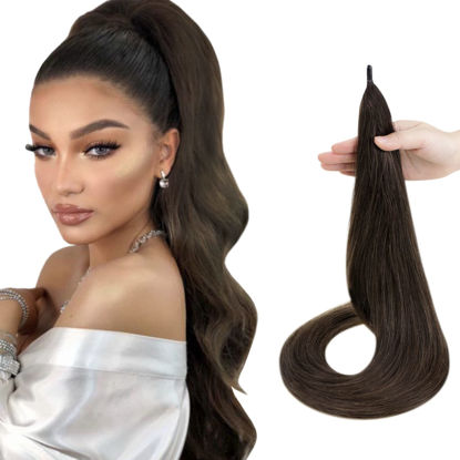 Picture of LAAVOO 32inch Brown Ponytail Extension Real Human Hair Dirty Brown Mix Clip in Wrap Around Ponytail Human Hair Extensions Dark Brown 100G