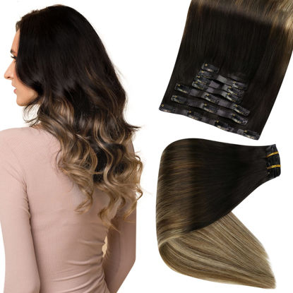 Picture of Full Shine Real Human Hair Clip in Extension Ntural Black Balayage to Brown Mix Honey Blonde Seamless Clip in Hair Extensions Human Hair 1B/6/27 Skin Weft Straight Hair 8Ps 120Grams 22Inch