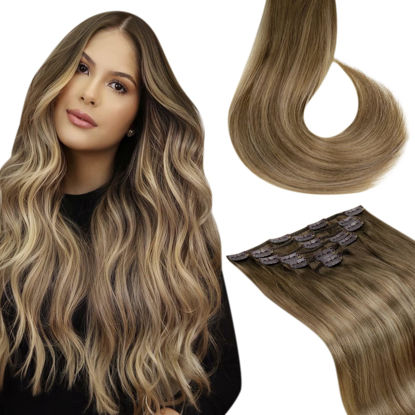 Picture of LAAVOO Real Human Hair Extensions Clip ins Balayage Light Brown Fading to Golden Blonde 22 Inch 7pcs/120g Clip in Hair Extensions Human Hair Light Brown Ombre Double Weft Long Straight Extensions