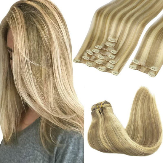 Picture of GOO GOO Clip-in Hair Extensions for Women, Soft & Natural, Handmade Real Human Hair Extensions, Light Blonde Highlighted Golden Blonde, Long, Straight #P16/22, 9pcs 150g 18inch