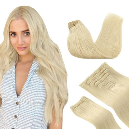 Picture of GOO GOO Clip-in Hair Extensions for Women, Soft & Natural, Handmade Real Human Hair Extensions, Platinum Blonde, Long, Straight 60A#, 9pcs 150g 18inch