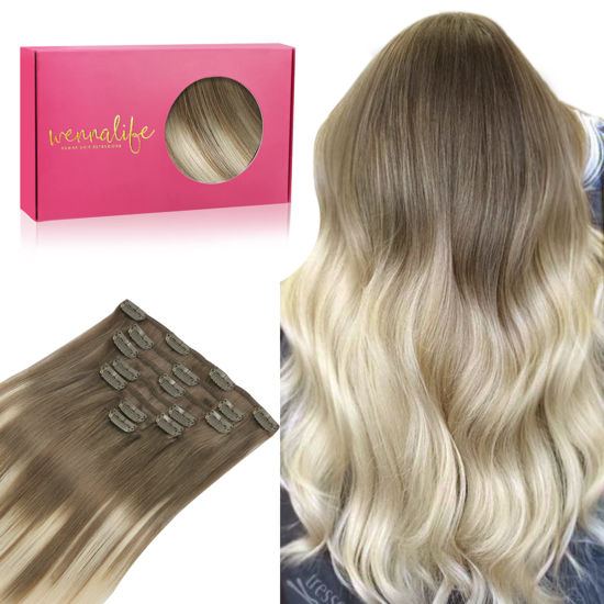 Picture of WENNALIFE Clip in Hair Extensions Real Human Hair, 20 Inch 120g 7pcs Human Hair Extensions Clip In Human Hair, Ombre Sandy Brown to Platinum Blonde Hair Extensions Clip In Real Remy Human Hair