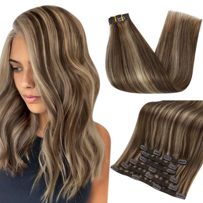 Picture of Full Shine Highlights Clip in Hair Extensions Dark Brown Mix Caramel Blonde Real Remy Hair Extensions Clip ins 22 Inch 120G Double Weft for Long Hair 7Pcs Invisible Clip in Human Hair