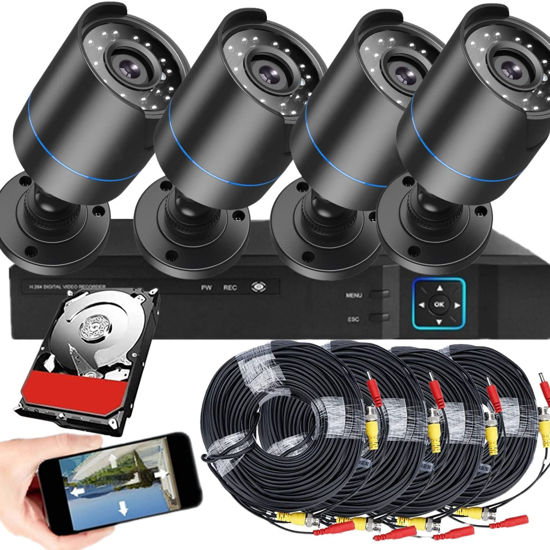 Picture of 4CH AHD Wired DVR Video Security Camera System Built in 512GB Hard Disk, Night Vision with 4 * 1080P HD Waterproof Bullet Cameras Indoor/Outdoor CCTV Surveillance Camera with 4 * 60cm BNC Cables