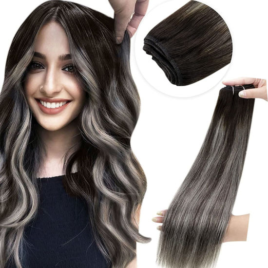 Picture of LAAVOO 22inch Sew in Hair Extensions Ombre Black Double Weft Remy Hair Extensions Human Hair Bundles #1B Off Black Ombre Silver Mixed with Black Real Hair Weft 100g Silky Long Straight