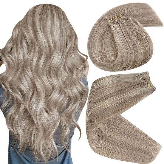 Picture of Sunny Sew in Hair Extensions Ash Blonde Highlights Weft Hair Extensions Human Hair Highlights Human Hair Extensions Sew in Ash Blonde Mix Platinum Blonde Human Hair Weft 100g 22inch