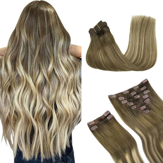 Picture of GOO GOO Clip-in Hair Extensions for Women, Soft & Natural, Handmade Real Human Hair Extensions, Walnut Brown to Ash Brown and Bleach Blonde, Long, Straight #（T3/8)P(T3/613)T3/8, 9pcs 150g 18inch