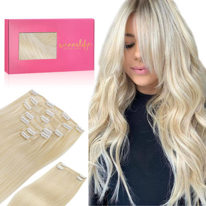 Picture of WENNALIFE Clip in Human Hair Extensions, 18 Inch 150g 9pcs Clip in Hair Extensions Real Human Hair, Platinum Blonde Human Hair Clip in Extensions Remy Human Hair Extensions Clip Ins Double Weft