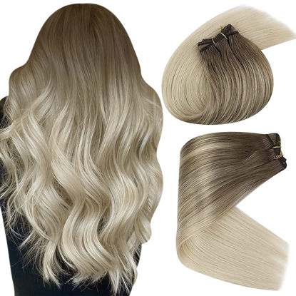 Picture of Sunny Weft Hair Extensions Human Hair Ombre Blonde Sew in Hair Extensions Real Human Hair Double Weft Extensions Bundles Real Hair Wefts Full Head Sew in Extensions Light Brown to Blonde 22inch 100g