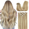 Picture of GOO GOO Human Hair Extensions Clip in Hair Extensions, Dark Blonde Highlighted Bleach Blonde 22 Inch 120g 7pcs Real Hair Extensions Clip in Straight Remy Natural Hair for Women