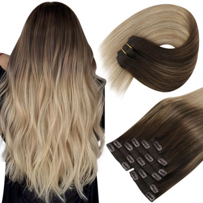 Picture of Sunny Clip in Hair Extensions Real Human Hair, Ombre Hair Clip in Extensions Brown Balayage, Long Clip in Human Hair Extensions Dark Brown Ombre Light Brown Mix Ash Brown Double Weft 22inch 7pcs