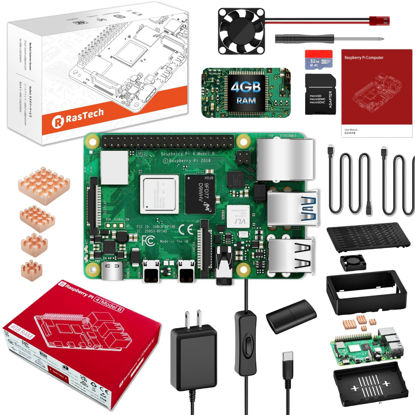 Picture of RasTech Raspberry Pi 4 Model B 4GB Starter Kit with 32GB Micro SD Card, Power Supply with ON/Off, Case, Cooling Fan, HDMI Cables, Copper Heatsinks, Card Reader, Screwdriver