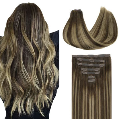 Picture of GOO GOO Seamless Clip in Hair Extensions with Invisible PU Skin Weft, 100% Real Human Hair, 110g 7pcs Natural Silky Straight Hair Extensions, Long Hair for Women,Chocolate Brown to Honey Blonde#4/26/4 20inch