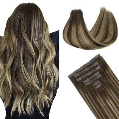 Picture of GOO GOO Seamless Clip in Hair Extensions, 100% Real Human Hair Extensions with Invisible PU Skin Weft, 18inch 130g 7pcs Natural Silky Straight Hair Extensions, Long Hair for Women,Chocolate Brown to Honey Blonde#4/26/4