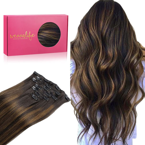 Picture of WENNALIFE Clip in Human Hair Extensions, 24 Inch 120g 7pcs Dark Brown to Chestnut Brown Balayage Hair Extensions Clip In Human Hair Remy Clip in Hair Extensions Real Human Hair Double Weft