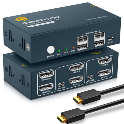 Picture of DisplayPort KVM Switch Dual Monitor DP 4K@60Hz, 2 Computers Share 2 Monitors Extended Display, KVM Switch 2 Port with 4 USB 2.0 Port, Support Button Switch, with 4 DP and 2 USB Cables