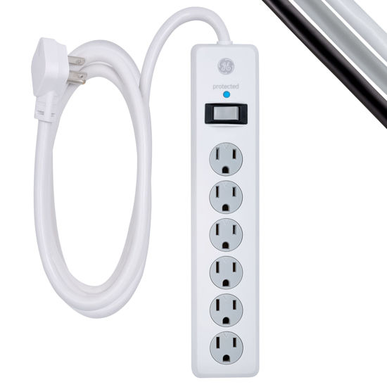 Picture of GE 6-Outlet Surge Protector, 8 Ft Extension Cord, Power Strip, 800 Joules, Flat Plug, Twist-to-Close Safety Covers, Protected Indicator Light, UL Listed, White, 67044