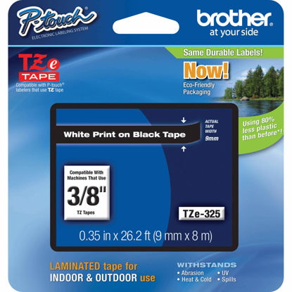 Picture of Brother Genuine P-Touch TZE-325 Tape, 3/8" (0.35") Wide Standard Laminated Tape, White on Black, Laminated for Indoor or Outdoor Use, Water-Resistant, 0.35" x 26.2' (9mm x 8M), Single-Pack, TZE325