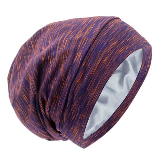 Picture of Silk Satin Lined Bonnet Sleep Cap - Adjustable Stay on All Night Hair Wrap Cover Slouchy Beanie for Curly Hair Protection for Women and Men - Mixed Purple