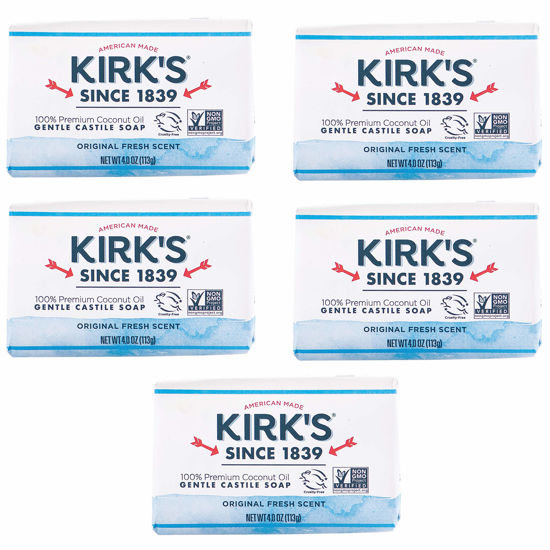 Picture of Kirk's Castile Bar Soap Clean Soap for Men, Women & Children| Premium Coconut Oil | Sensitive Skin Formula, Vegan | Original Fresh Scent | 4 oz. Bars - 5 Pack