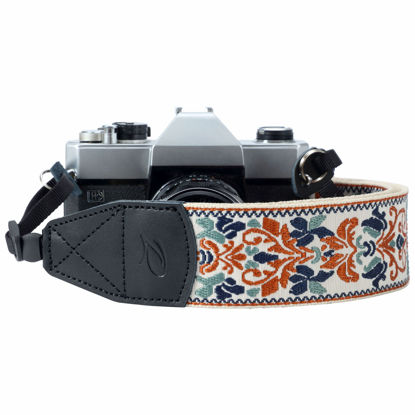 Picture of Camera Strap - 2" Retro Jacquard Embroidery Multi-pattern Camera Straps Adjustable,Wide Camera Neck/Shoulder Strap with Genuine Leather Head for All DSLR/SLR Digital Cameras(White Classic Flower)