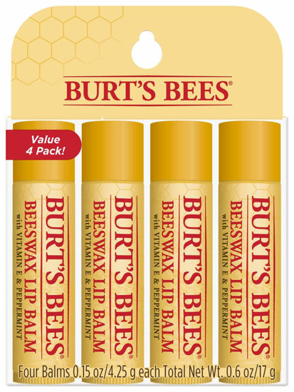 Picture of Burt's Bees Lip Balm Stocking Stuffers, Moisturizing Lip Care Holiday Gift, 100% Natural, Original Beeswax with Vitamin E & Peppermint Oil (4 Pack)