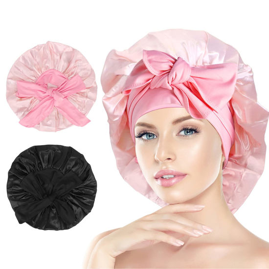 Picture of Arqumi Pack of 2 Satin Sleeping Bonnet, Large Satin Sleep Bonnet with Long Strap, Adjustable Sleep Cap Hair Bonnet for Women & Men, Black+Pink