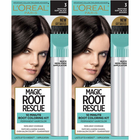 Picture of L'Oreal Paris Magic Root Rescue 10 Minute Root Hair Coloring Kit, Permanent Hair Color with Quick Precision Applicator, 100 percent Gray Coverage, 3 Soft Black, 2 count