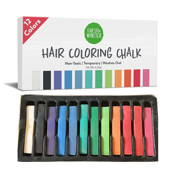 Picture of Fresh Monster Temporary Hair Coloring Chalk 12 Bright Colors Washes Out Easily Girls and Boys Non-Toxic and Safe for All Ages, Hair Colors and Textures Great Gift Idea