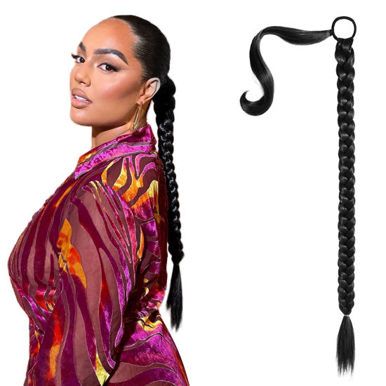 Picture of SEIKEA Upgraded Long Braid Ponytail Extension with Elastic Tie Straight Sleek Wrap Around Braid Hair Extensions Ponytail Natural Soft Synthetic Hairpiece Black 26 Inch (After Braided 23 Inch)