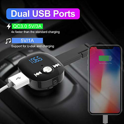 Picture of Bluetooth FM Transmitter for Car, Clydek V5.0 Bluetooth Car Adapter Wireless Radio Adapter with Hands-Free Call , Dual USB & QC3.0 Fast Charge, MP3 Music Player Support USB Drive & TF Card