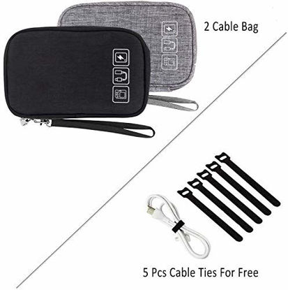 Picture of Cable Organizer Bag, 2PCS Travel Cord Organizer Pouch Small Electronics Accessories Bag Tech Cord Storage Pouch for Cable, Charger, Phone, USB, SD Card,with 5pcs Cable Ties (Black+Grey)