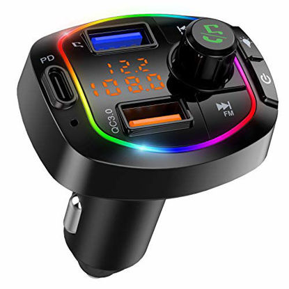 Picture of Criacr V5.0 Bluetooth FM Transmitter for Car, QC3.0+Type-C PD 18W Fast Charge Wireless Car Radio Adapter, 6 RGB Backlit Bluetooth Car Kit with Hands-Free Call, 3 USB Ports Support TF Card USB Drive