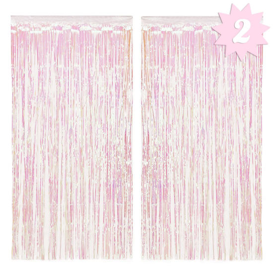 Picture of xo, Fetti Decorations Iridescent Fringe Foil Curtain - Set of 2 | Bachelorette Party Bridal Shower Backdrop, Wedding, Birthday Photo Booth