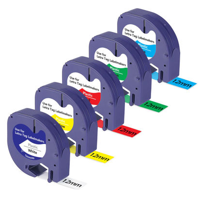 Picture of Replacement for Dymo LetraTag Plastic Label Refills for Dymo LetraTag LT100H LT100T QX50 Label Maker Tapes 91331 91332 91333 91334 91335, 1/2 in x 13 Ft (12mm x 4m), 5-Pack