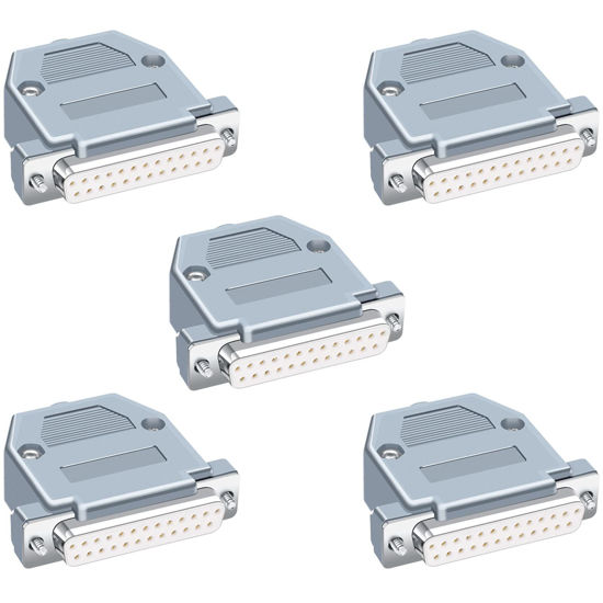 Picture of Jienk 5PCS DB25 Female RS232 D-SUB Serial Solder Cup Connectors Kit, Gold Plated Joints RS232 Serial Solder Type Port 25 Pin D Sub Couplers with Plastic Hoods, Strain Relief Grommet and Screws