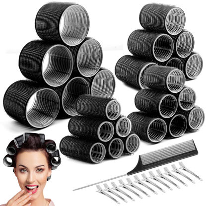 Picture of Cludoo Jumbo Hair Curler Rollers 24PCS Heatless Hair Roller with 12PCS Clips, 4 Sizes（Jumbo Large Medium Small）Self Grip Holding Hair Rollers for Long Medium Short Thick Fine Volume Thin Bangs Hair