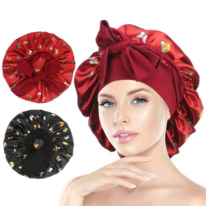 Picture of Arqumi Pack of 2 Satin Sleeping Bonnet, Large Satin Sleep Bonnet, Long Strap, Adjustable Sleep Cap Hair Bonnet, Butterfly Pattern Black+Red